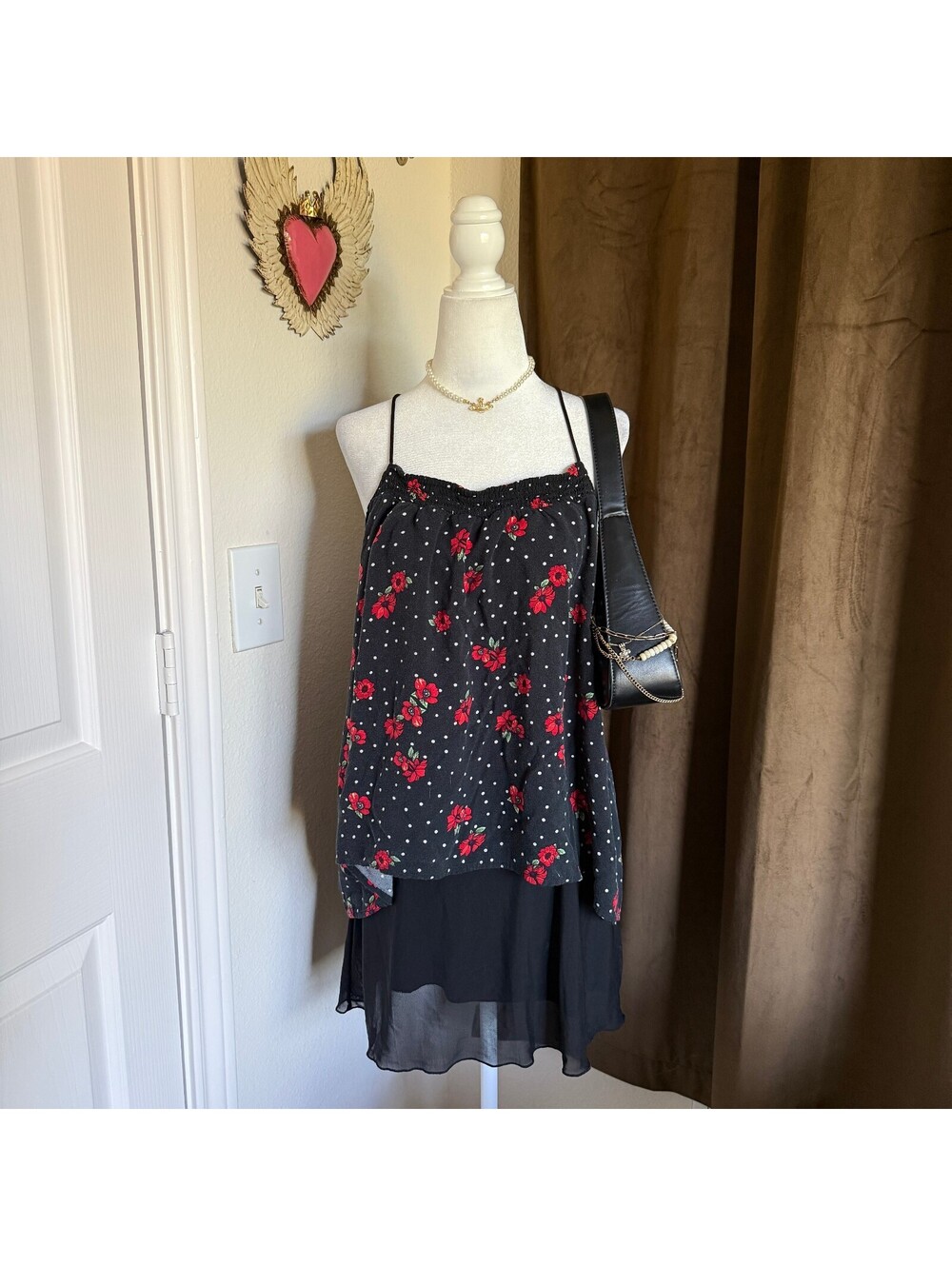 No Boundaries Sz 3X Black Floral Polka Dot Layered Cami Coquette Girly Flowy